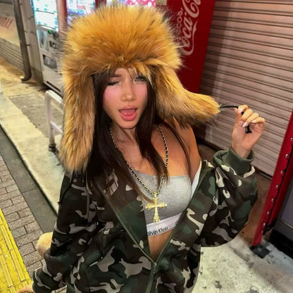 Fashion Fluffy Popular Russian Female round Cap Faux Fur Hats Winter Hats for Women Faux Raccoon Fur Beanies Faxu Fox Bomber Hat